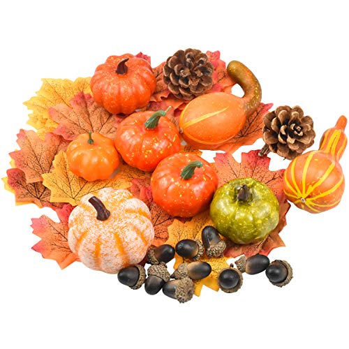 Jinlaili 50PCS Mini Calabazas Artificiales, Conos de Pino, Bellotas, Hojas Otoño, Decoraciones para Halloween y Acción de Gracias, Adornos de Otoño para Decoraciones de Hogar/Bodas/Fiestas