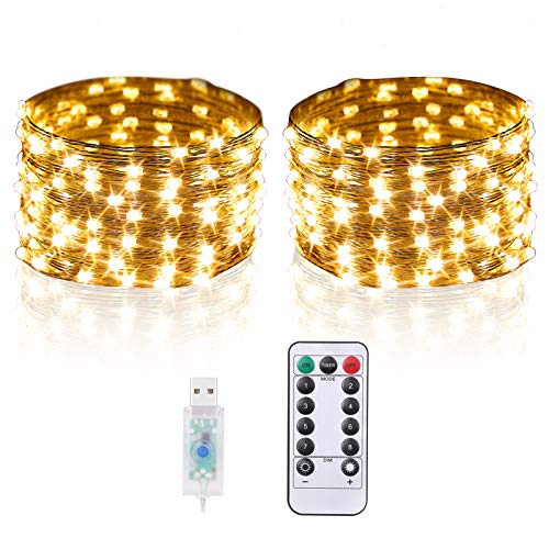 Juego de 2 luces LED de 5 m, 50 ledes, luz blanca cálida, funciona con electricidad con conexión USB, IP67, resistente al agua, con mando a distancia, incluye batería, decoración para fiestas, Navidad Juego de 2 luces LED de 5 m, 50 ledes, luz blanca cálida, funciona con electricidad con conexión USB, IP67, resistente al agua, con mando a distancia, incluye batería, decoración para fiestas, Navidad
