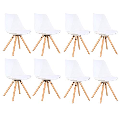 Juego de 8 Sillas de Comedor con Asiento Tapizado, Base de Metal Sólido y Patas de Madera de Haya (8PCS-WH) Juego de 8 Sillas de Comedor con Asiento Tapizado, Base de Metal Sólido y Patas de Madera de Haya (8PCS-WH)
