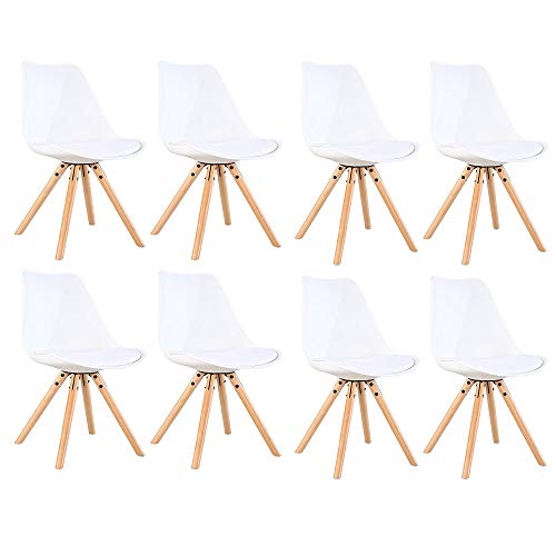 Juego de 8 Sillas de Comedor con Asiento Tapizado, Base de Metal Sólido y Patas de Madera de Haya (8PCS-WH)