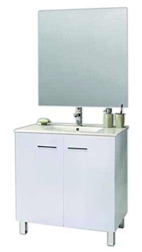 Juego de Mueble de Baño Modelo ESPACE, Conjunto formado por Mueble de Baño Dos Puertas Lacado en Blanco, Medidas (60x45x80), Lavabo Encimera y Espejo. Compacto no precisa montaje