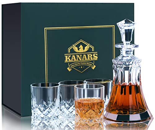 KANARS Juego de Jarras y Vasos de Whisky, Cristal Sin Plomo con 4 Vasos de Vidrio, Caja de Regalo con Estilo Única, 5 piezas