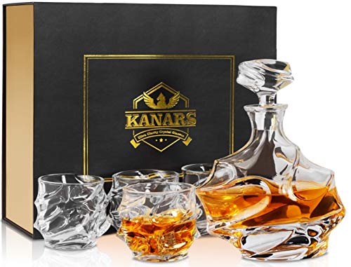 KANARS WD09 Jarra de Whisky, 5 Piezas, 100% Libre de Plomo Cristalino Resistente Botella de Whisky Set para Scotch, Bourbon, 750ml Decantador y 4 Vasos de Whisky 320ml, Caja de Regalo de Lujo