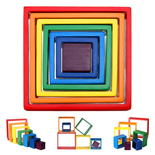 king do way Bloques de Arco Iris Cuadrados de Madera Geometría Bloques de Construcción Juguete de Aprendizaje Preescolar Puzzle Educativo para Niños Niño Niña