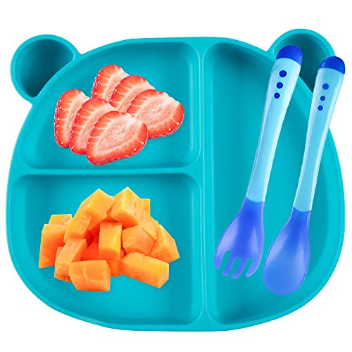 （kit 3pz）Plato de Silicona para Bebé + Cuchara y Tenedor para Bebé Platos de Ventosa sin BPA Mantel Individual para Bebés y Niños Pequeños Aptos para Lavavajillas Fuertes Placas de Succión (Verde)