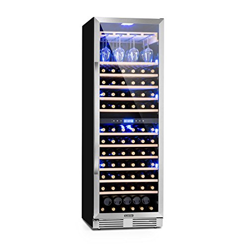 Klarstein Vinovilla Grande - Nevera para vinos, 425 L, 165 botellas, Control táctil, Iluminación LED en 3 colores, Temperatura ajustable, Soporte para copas, 13 estantes de madera, 2 zonas, Plateado