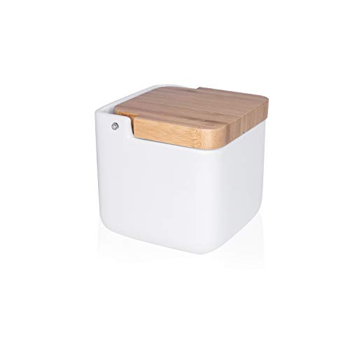 KOOK TIME Salero de Cocina de Cerámica cuadrado con tapa de madera de Bambú Basculante, 11.2 x 11.2 x 11.2 cm, Color Blanco