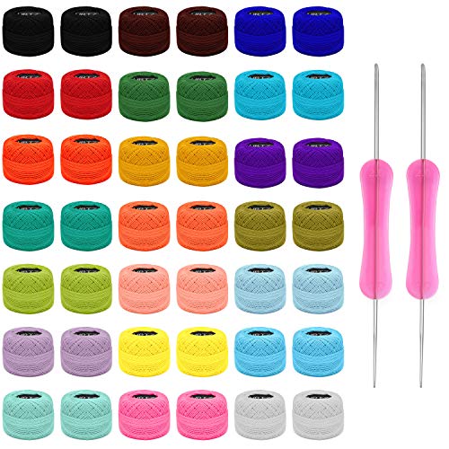 Kurtzy Hilo Crochet Colorido (42 Bolas) – 2 Agujas de Ganchillo (1 mm y 2 mm) Cada Madeja de Hilo de Algodón Pesa 5 g – Total de 1512 m de Hilo de Ganchillo de Colores - Kit Crochet Surtido
