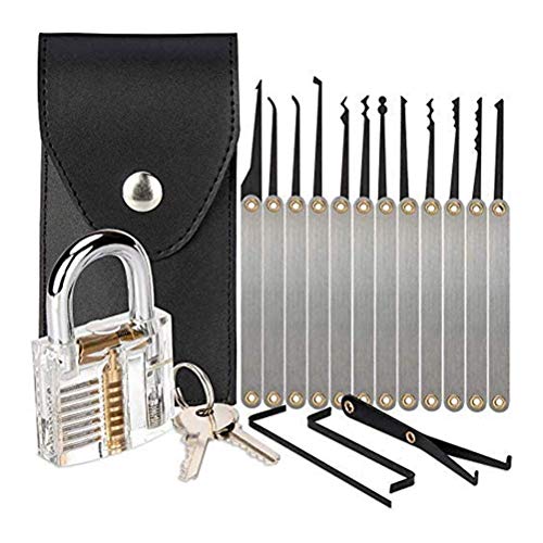 Kylewo Lockpicking Lockpick Set Herramienta Profesional de Kit de Set de 15 Piezas de lockpick con candado Transparente y Kit de lockpick para cerrajeros, Principiantes y Profesionales