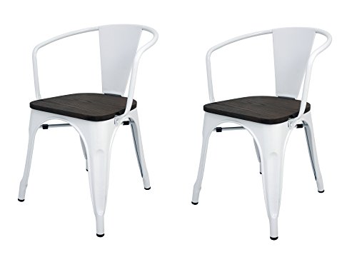 La Silla Española - Pack 2 Sillas estilo Tolix con respaldo, reposabrazos y asiento acabado en madera. Color Blanco. Medidas 73x53,5x52