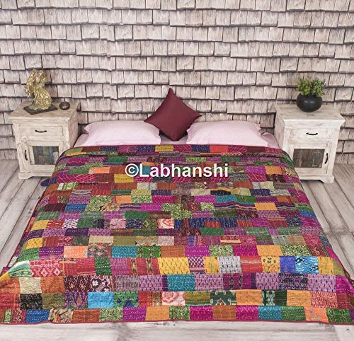 Labhansi - Colcha para cama de matrimonio, algodón, reversible, diseño de retales, sari indio de retales, colcha impresa, manta bohemia, algodón indio étnico, manta reversible, tapicería de diseño antiguo