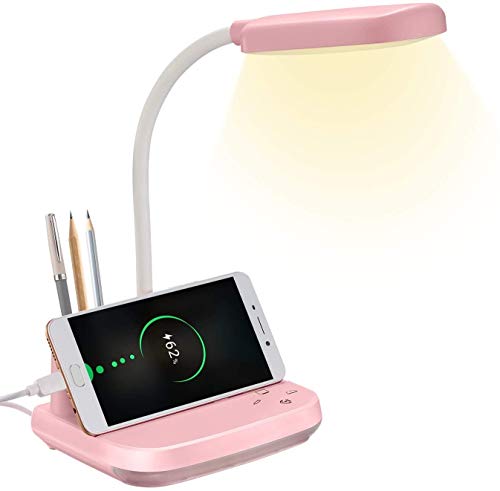 Lámpara de escritorio LED, lámpara de escritorio BZBRLZ recargable con puerto de carga USB y portalápices, 3 modos de color y luz nocturna y atenuación continua, rosado