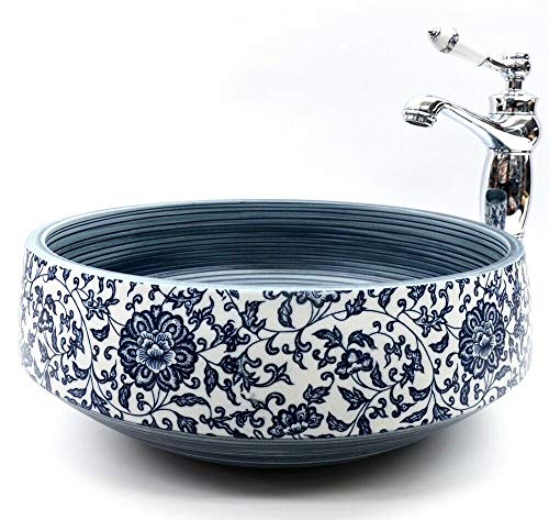 Lavabo de baño tradicional vintage con estampado floral hecho a mano para cuarto de baño de cerámica redonda de porcelana Kasbah Lavabo de baño tradicional vintage con estampado floral hecho a mano para cuarto de baño de cerámica redonda de porcelana Kasbah