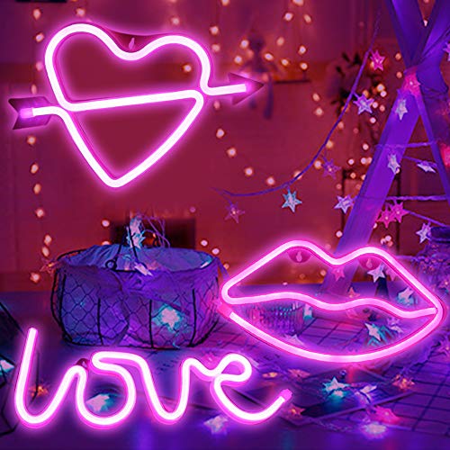 Letrero de luz LED de neón, corazón, flamenco, en forma de corazón, decoración de labios, funciona con pilas USB 3-AA