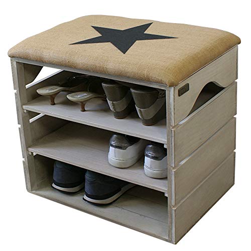 Liza Line Mueble Zapatero de Madera (Blanco Envejecido), Banco con Asiento Acolchado, Tela Natural. Guardar y Ordenar Calzado, Zapatos, Zapatillas. Pino Macizo. Estrella Negra - 51x47x35 cm