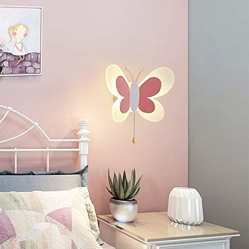 LONSTA Lámparas De Pared Dormitorio Infantil Moderna LED Aplique De Pared Mariposa Regulable/Con Interruptor De Tiro Blanco/Rosa Acrílico Pantalla 14W Guardería Niña Princesa Habitación Iluminación