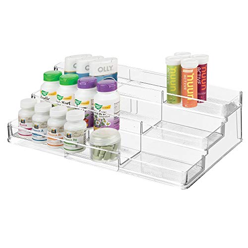 mDesign Organizador de armario botiquín con 3 niveles para vitaminas – Estante extensible para guardar medicinas en el baño – Práctico soporte especiero para la cocina – transparente