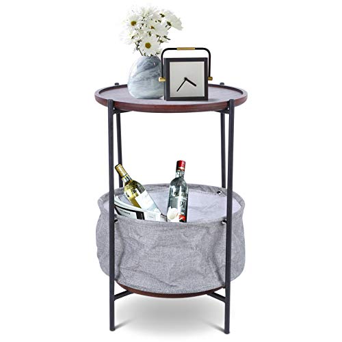 Mesa Auxiliar de Hierro de Madera Antigua de 24 Pulgadas, Mesas de Centro Multifuncionales con Canasta de Almacenamiento de Tela para Sala de Estar, Mesas de Té Modernas Redondas y Decorativas Mesa Auxiliar de Hierro de Madera Antigua de 24 Pulgadas, Mesas de Centro Multifuncionales con Canasta de Almacenamiento de Tela para Sala de Estar, Mesas de Té Modernas Redondas y Decorativas