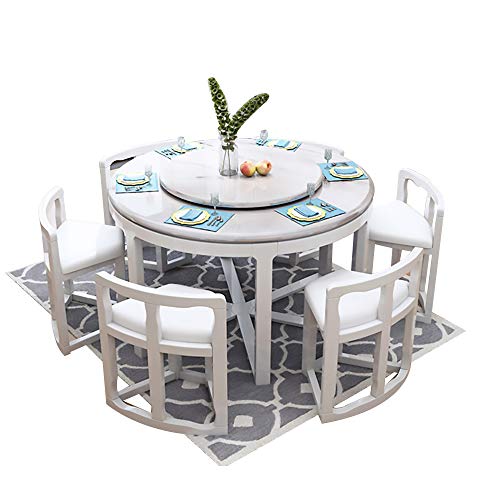 Mesa de Comedor, Mesa de Comedor de mármol y Juego de sillas Juego de 9 Piezas Mesa de Comedor Redonda con Mueble de Cocina Giratorio 130cm / 150cm,Blanco,130cm Table 6 Chairs