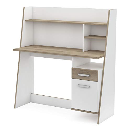 Miroytengo Mesa Escritorio Blanco y Roble Juvenil despacho Moderno altillo Estante 1 cajón 1 Puerta 120x44 Miroytengo Mesa Escritorio Blanco y Roble Juvenil despacho Moderno altillo Estante 1 cajón 1 Puerta 120x44