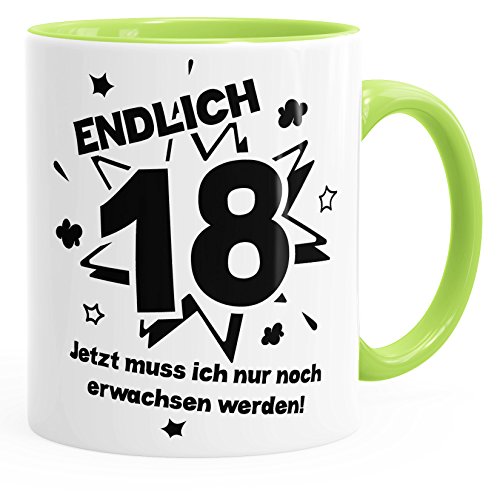 MoonWorks - Taza de café (cerámica), diseño con texto en alemán, cerámica, Por fin 18 verde claro., talla única