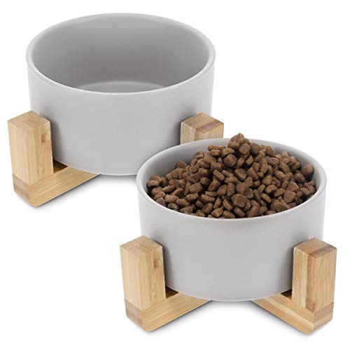 Navaris 2 Cuencos elevados para Mascotas - Comedero y Bebedero de cerámica para Perros y Gatos - 2 Recipientes con Soportes de bambú Antideslizante