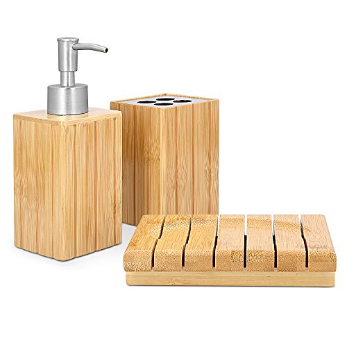 Navaris Set para el baño de bambú - Juego 4 Accesorios para Lavabo - Kit de 4 Piezas - 1x dispensador de jabón 1x Porta Cepillo 1x jabonera Navaris Set para el baño de bambú - Juego 4 Accesorios para Lavabo - Kit de 4 Piezas - 1x dispensador de jabón 1x Porta Cepillo 1x jabonera