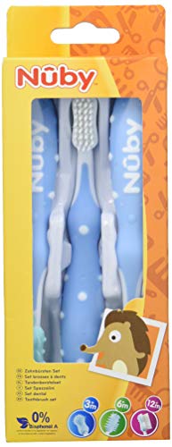 Nuby ID754BLUE - Set de 3 cepillos de dientes, 3+ m, color azul