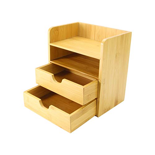 Organizador de escritorio de bambú de 4 niveles | Mini escritorio de almacenamiento con cajones | 2 estantes y 2 cajones de papelería de almacenamiento | M&W