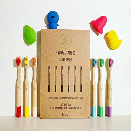 Pero On Life – Pack de 6 cepillos de dientes de bambú para niños + 4 fundas divertidas protectoras siliconadas | cerdas suaves naturales sin BPA | Ecológico biodegradable y reutilizable