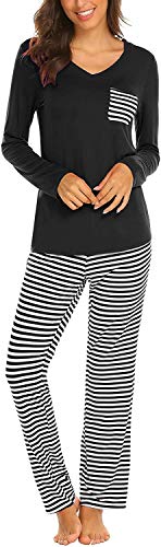 Pijama Mujer De 2 Piezas con Manga Corta Pantalon Largo Ropa De Dormir Algodón Nightwear Elegante Camisetas + Pantalones (Z-Negro, M)