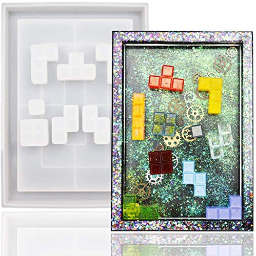 POFET 9 moldes de silicona Tetris rusos para manualidades, moldes de resina para decoración del hogar, juego de juegos, bandeja de resina epoxi UV