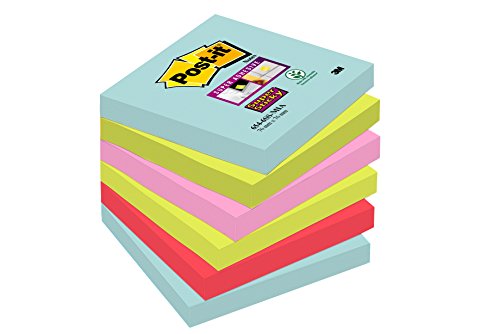 Post-It 70005291227 - Post-it Super Sticky - Pack de 6 blocs notas adhesivas colección "Nuevos colores nuevos lugares", Miami (Azul Marina/Verde Neón/Rosa Neón/Rojo Amapola)