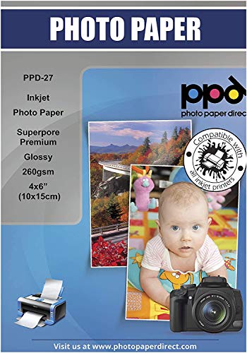 PPD 10 x 15 cm (4 x 6") Papel Fotográfico Brillante Premium (260 g/m2, 100 Hojas, Inkjet, Secado Instantáneo, Resistente Al Agua) - PPD-27-100