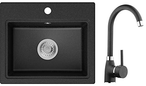 PRIMAGRAN Fregadero de Granito - Oslo, Lavabo Cocina Un Seno + Grifo + Sifón Clásico, Fregadero Empotrado 51 x 43,5 cm, Grafito PRIMAGRAN Fregadero de Granito - Oslo, Lavabo Cocina Un Seno + Grifo + Sifón Clásico, Fregadero Empotrado 51 x 43,5 cm, Grafito