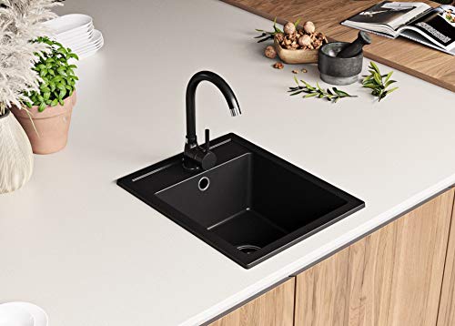 PRIMAGRAN Fregadero de Granito - Riga, Lavabo Cocina Un Seno + Sifón Clásico, Fregadero Empotrado 40 x 50 cm, Negro PRIMAGRAN Fregadero de Granito - Riga, Lavabo Cocina Un Seno + Sifón Clásico, Fregadero Empotrado 40 x 50 cm, Negro