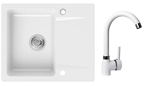 PRIMAGRAN Fregadero de Granito - Sao Paulo, Lavabo Cocina Un Seno XL + Grifo + Sifón Clásico, Fregadero Empotrado 60 x 50 cm, Blanco PRIMAGRAN Fregadero de Granito - Sao Paulo, Lavabo Cocina Un Seno XL + Grifo + Sifón Clásico, Fregadero Empotrado 60 x 50 cm, Blanco