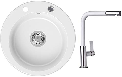 PRIMAGRAN Lavabo Cocina Redondo de Granito - Ginebra, Fregadero Un Seno + Mezclador de Fregadero + Sifón Automático, Fregadero Empotrado 51,5 x 51,5 cm, Blanco