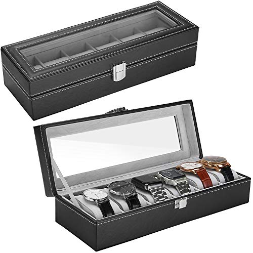 ProCase Estuche Relojero 6 Relojes, Caja de Relojes de Cuero PU para Hombres, Tapa con Escaparate de Cristal -Negro