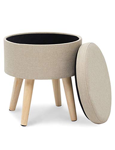 Puff Caja de Almacenamiento Taburete Redondo Asiento de Lino Asiento Extraíble con Tapa Patas Madera Maciza para Salón Pasillo Dormitorio Beige