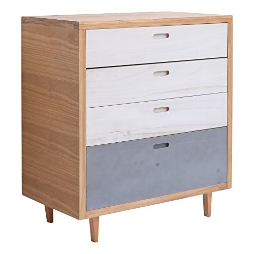 Rebecca Mobili Cajonera Comóda 4 Cajones Madera Paulownia Pino Blanco BLU Marrón Escandinavo Dormitorio Salón (Cod. RE4577)