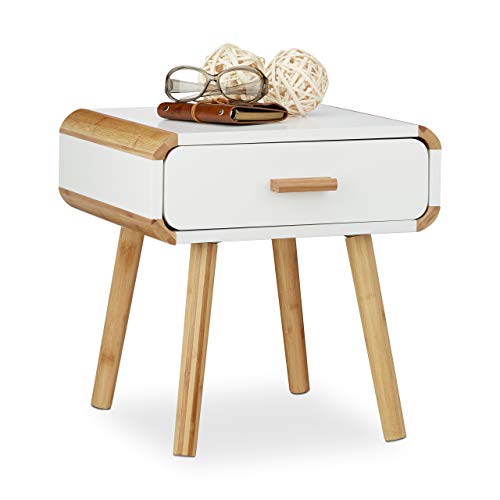 Relaxdays Mesita de Noche con 1 Cajón, DM-Bambú, Blanco, 41 X 40 X 40 cm Relaxdays Mesita de Noche con 1 Cajón, DM-Bambú, Blanco, 41 X 40 X 40 cm