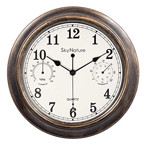 Reloj de pared vintage, 30 cm, para interior y exterior, resistente al agua, con termómetro e higrómetro, silencioso, funciona con pilas, para dormitorio, salón, cocina, jardín, piscina, color bronce