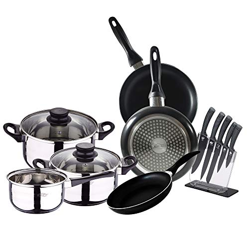 San Ignacio PK2437 Bateria 5 Piezas (3 cuerpos y 2 Tapas), Juego de 3 sartenes (16,20,24 cm), inducción, y 6 Cuchillos de Cocina con Tacoma Transparente, Acero Inoxidable San Ignacio PK2437 Bateria 5 Piezas (3 cuerpos y 2 Tapas), Juego de 3 sartenes (16,20,24 cm), inducción, y 6 Cuchillos de Cocina con Tacoma Transparente, Acero Inoxidable