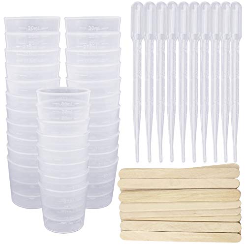 SelfTek Copas graduadas de plástico con herramientas - Paquete de 50 tazas de medición de 30 ml, palos de mezcla de paquete de 50, pipeta de caída de 3 paquetes de 3 ml