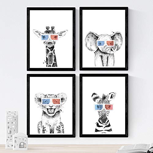 Set de 4 láminas de Animales Infantiles Con Gafas 3D ,en tamaño A4, Poster papel 250 gr alta calidad. Sin Marco