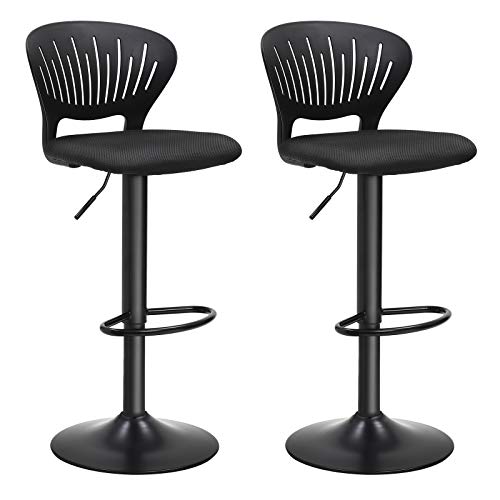 SONGMICS 2 x Taburetes de Bar, Altura Ajustable, Respaldo en Forma de Corona, Asiento Acolchado, Reposapiés, Tejido de Malla Transpirable, Giratorio de 360°, Negro LJB04BK