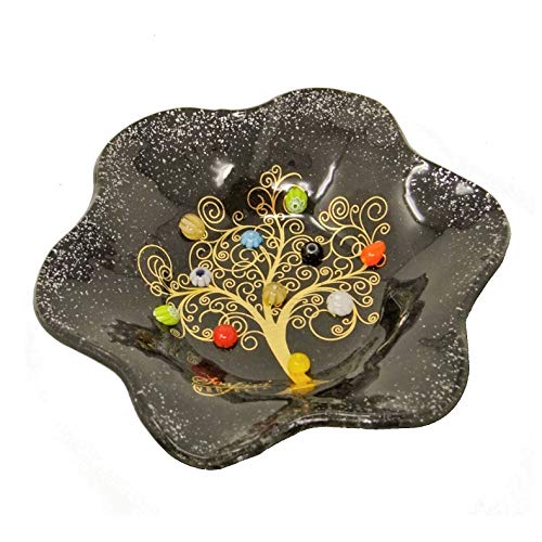 SOSPIRI VENEZIA Cuencos de cristal de Murano con diseño de árbol de la vida, 19 x 19 cm, de cristal, con diseño de murrina y hoja dorada, hecho a mano por artesanos Venecianos (negro)