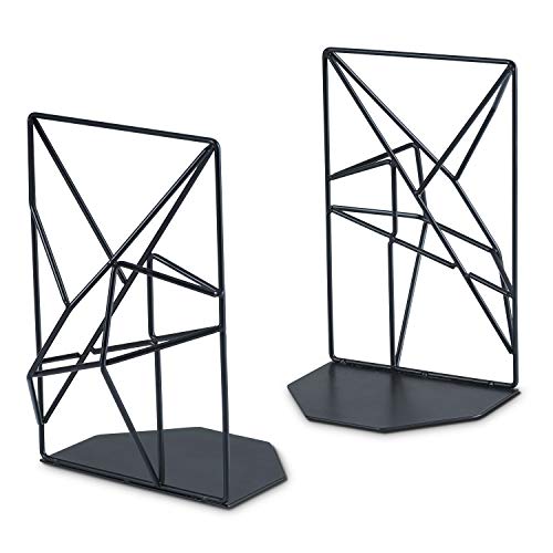 SRIWATANA Sujetalibros de metal negro resistente, separadores de libros para estantes, diseño geométrico único, antideslizante (1 par)
