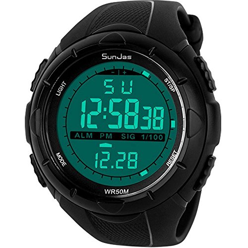 SunJas - Reloj de Pulsera Deportivo Digital para Hombre, Resistente al Agua (5 ATM), LCD, con Cronómetro, Cronógrafo, Fecha y Alarma, de Goma - Negro
